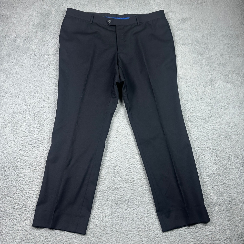 Egara Dress Pants Mens 40x30 Black 100% Wool Flat Front‎ Formal Trousers